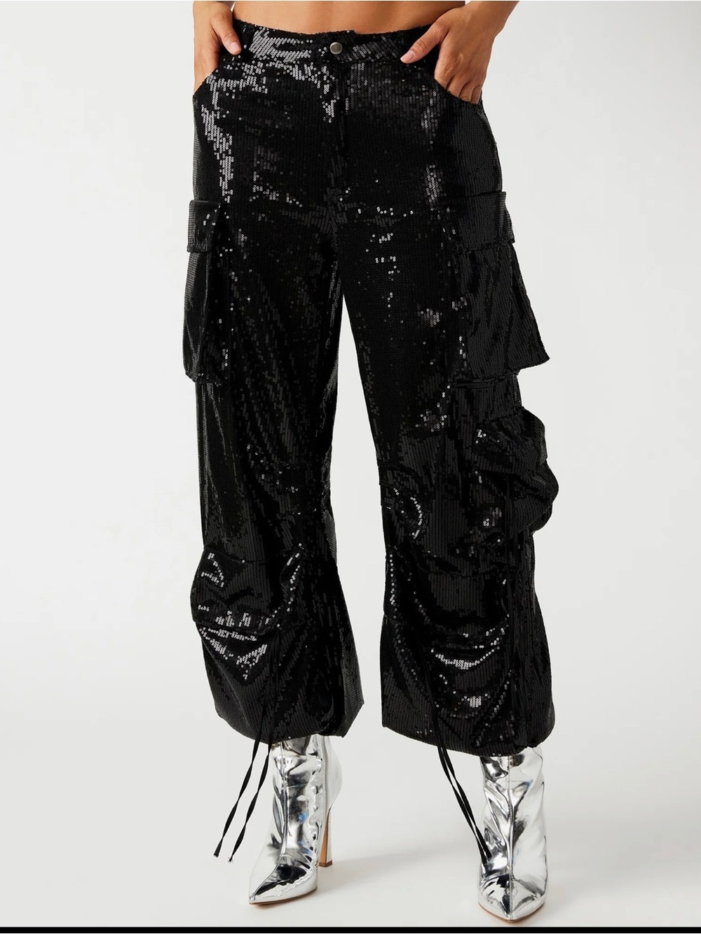 Steve Madden DUO Black Sequin Cargo Jogger Pants - Womens small NEW NWT